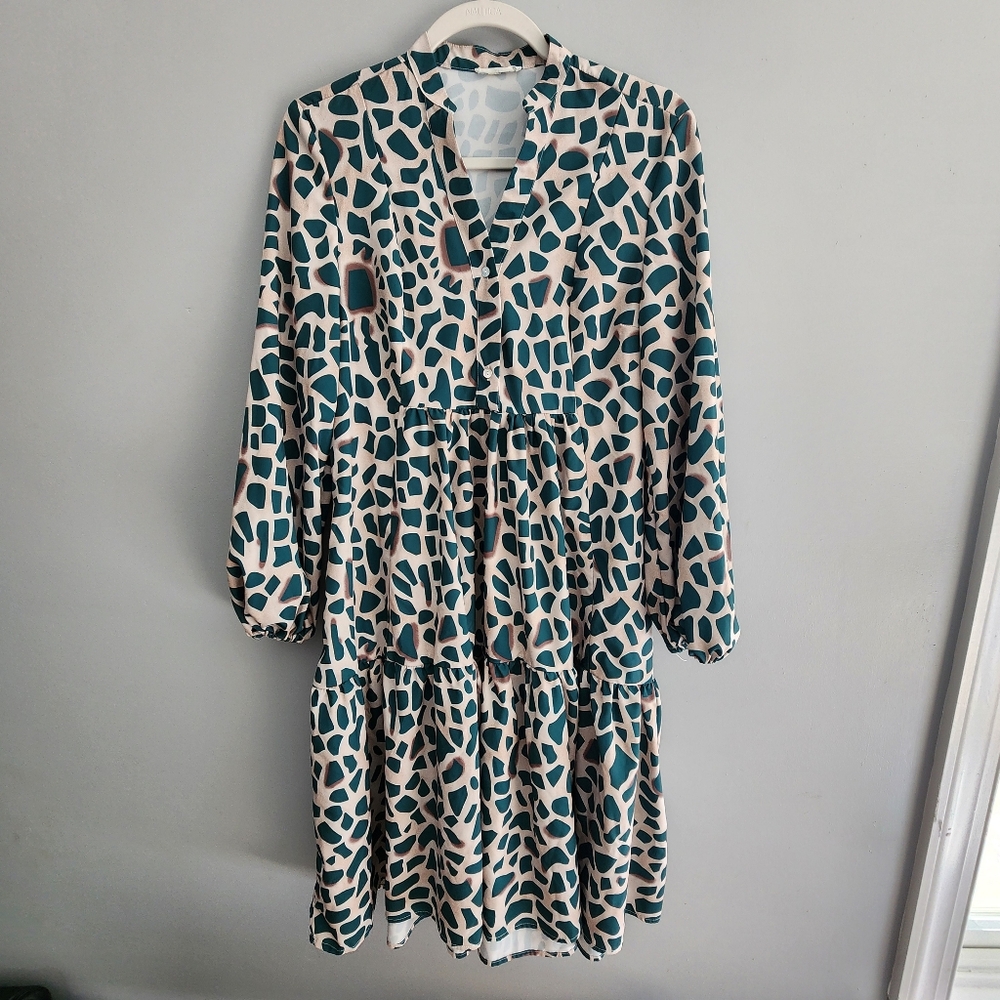 Sunday Up Teal Green /Green and Tan Print Babydoll Long Sleeve Dress